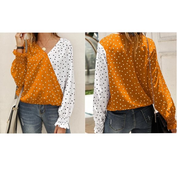 Unknown Tops - New Trendy Two-Tone Polka Dot Blouse, Medium